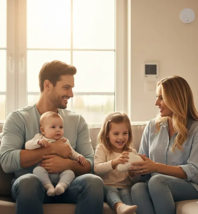 Familie fericită și relaxată într-o casă sigură